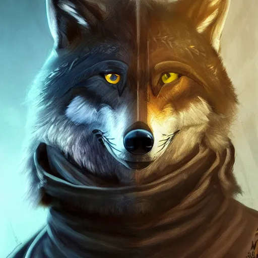 Prompt: a portrait of a wolf with carbon fiber armor and a knife sheathed on his hip, digital painting, furry fandom, furaffinity, detailed, professional, half - life 2, concept art