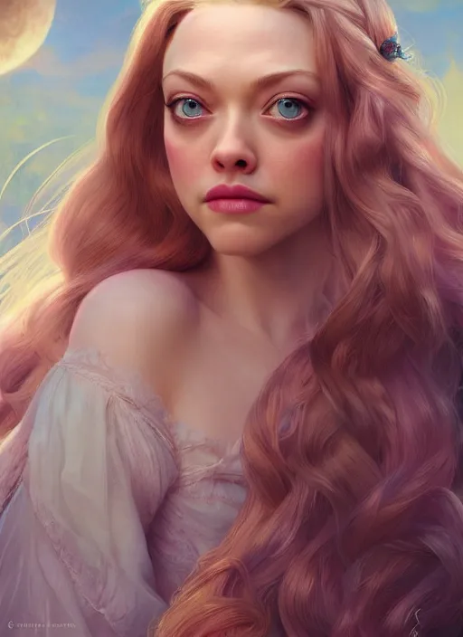 Prompt: beautiful young happy amanda seyfried as the rapunzel princess, closeup, d & d, fantasy, intricate, elegant, highly detailed, digital painting, artstation, concept art, matte, sharp focus, illustration, art by artgerm and greg rutkowski and alphonse mucha