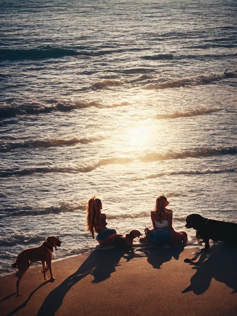 Prompt: a woman sitting on the beach with a dog, a stock photo by oleg oprisco, shutterstock contest winner, romanticism, stock photo, stockphoto, sunrays shine upon it