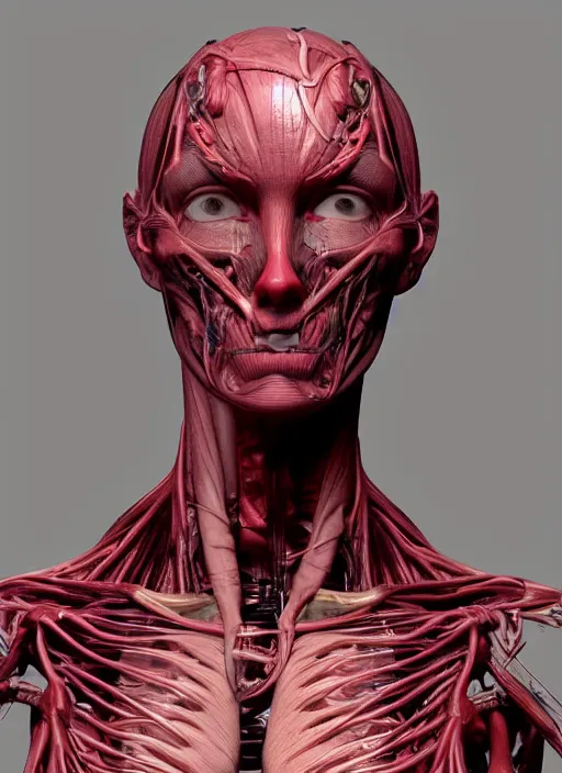 Prompt: a bust sculpture of anatomical female detailed cyborg, veins, ceramic base, orthographic, studio lighting