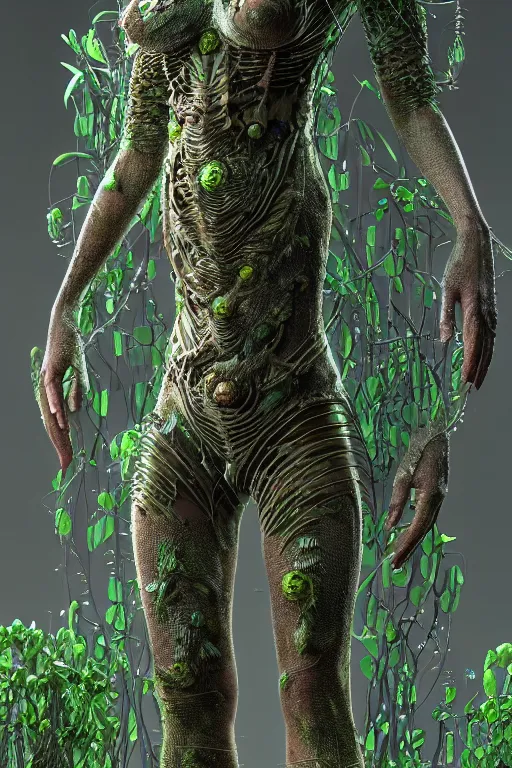 Image similar to skin concept costume, in full growth, biopunk, plant predator, predator, trypophobia, plants and worms, many details, crystals, guyver style, 3 d, cinematic, hyper realism, high detail, octane render, art by hans giger