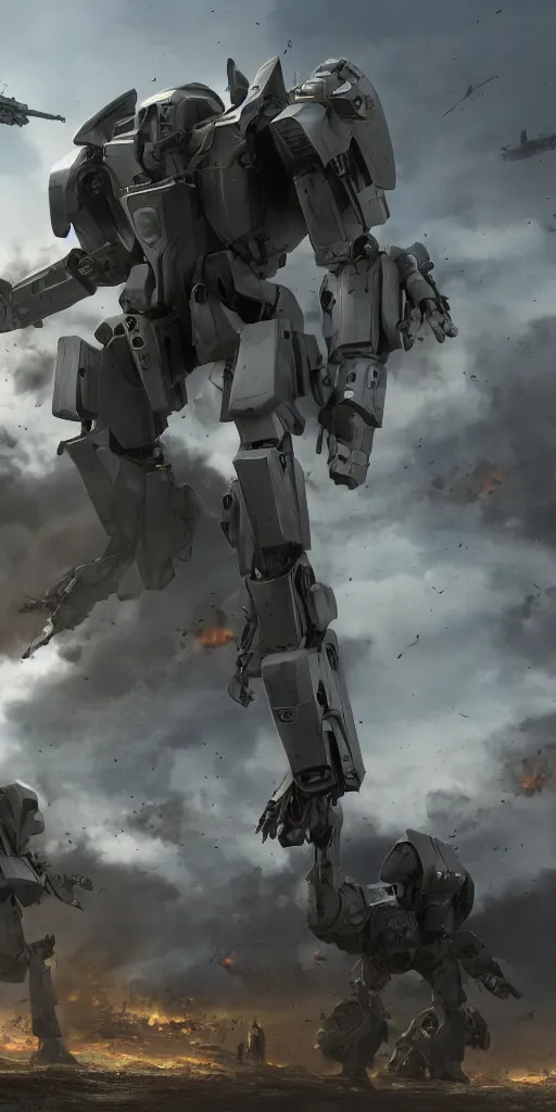 Image similar to concept art, world war iii, battlefield scene, ultra - wide view, war robot, mecha soldier, exoskeleton power armor, launch kinetic energy weapon, launch tracking missile, armor piercing bullet, drag light bullet, backlight, future technology, smooth lines, high detail, 8 k, octane rendering, unreal engine.