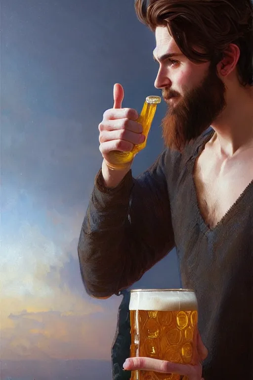 Prompt: a young man holding a beer giving a thumbs up with a long beard, real life skin, intricate, elegant, highly detailed, artstation, concept art, smooth, sharp focus, art by artgerm and greg rutkowski and alphonse mucha
