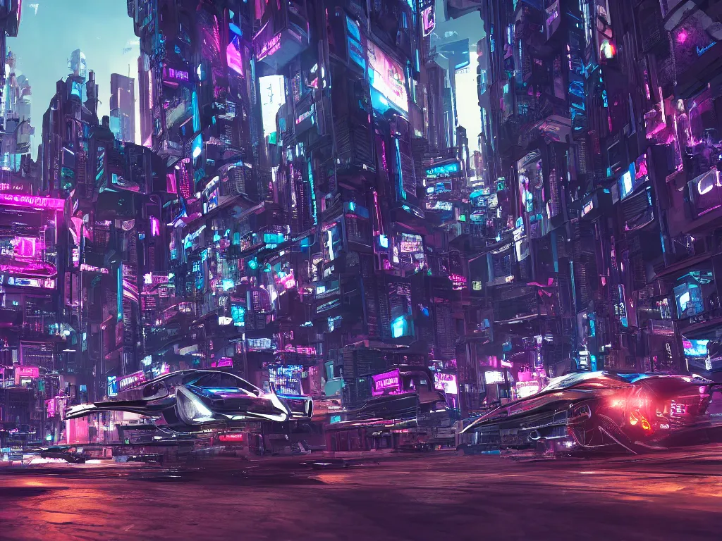 Prompt: vehicle flying through a cyberpunk city 4 k, hyper detailed