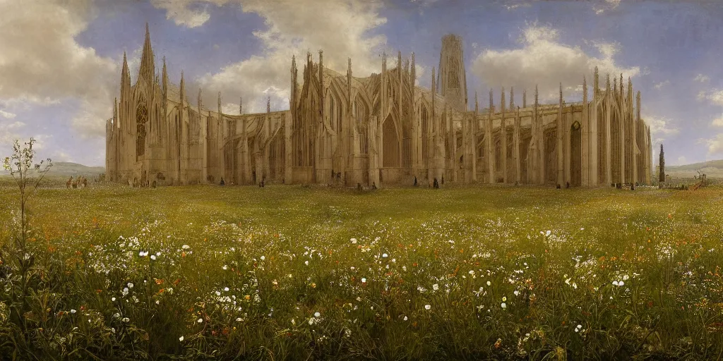 Prompt: a cathedral made of marble within a wildflower meadow at dawn, recursion, in the style of alma tadema