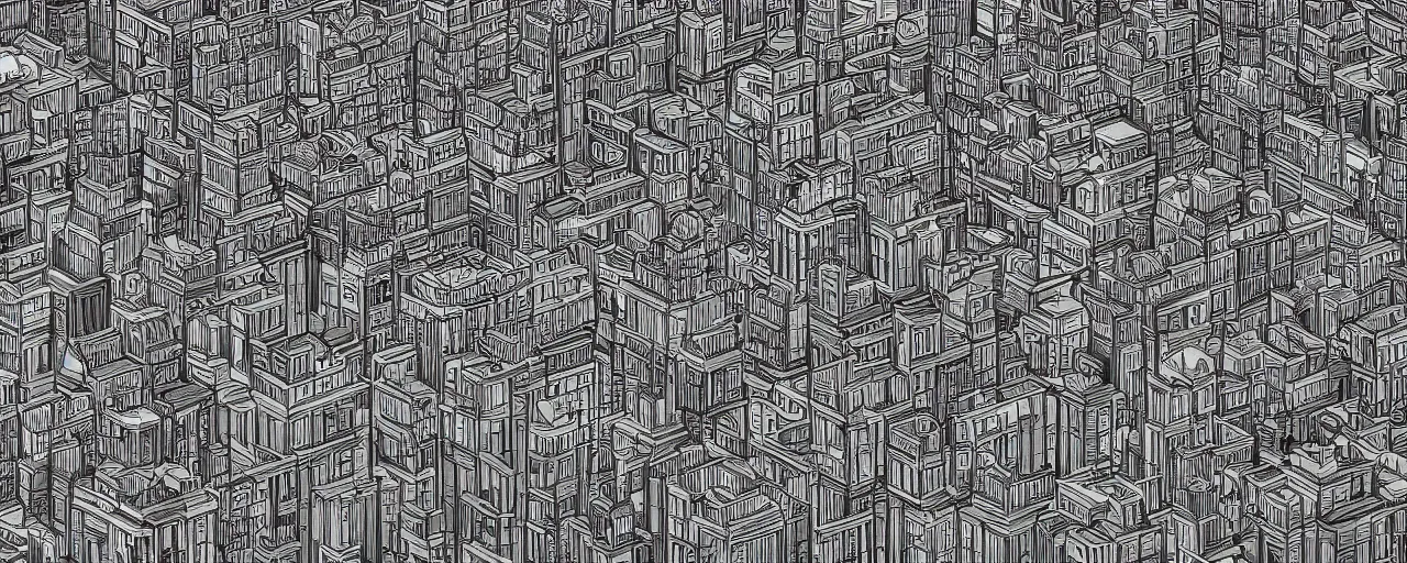 Image similar to a highly detailed cityscape, black and white, in the style of MC Escher, 4k