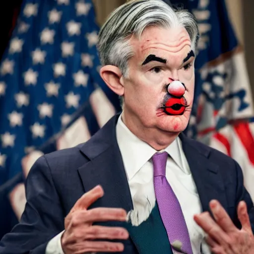 Image similar to Jerome Powell with colorful clown makeup all over his face whiteface, derp eyes