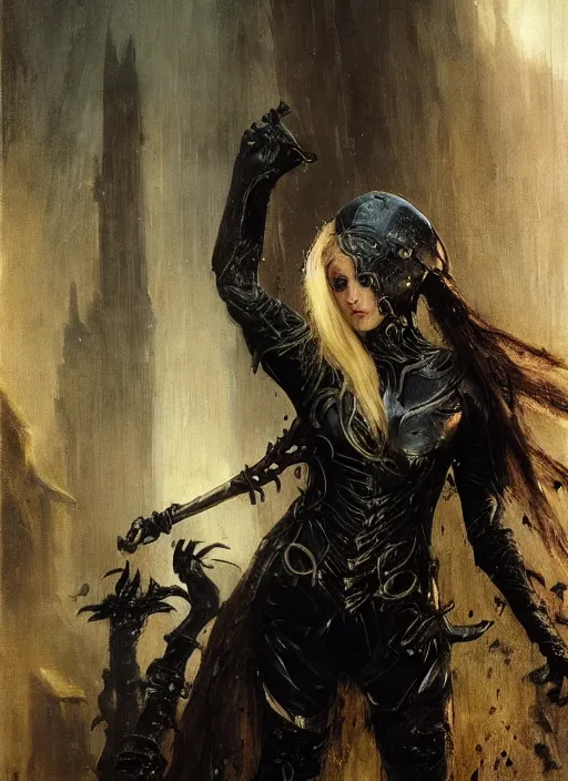 Image similar to young blonde vampire girl with long fangs wearing black medieval armour, by gaston bussiere, bayard wu, greg rutkowski, giger, maxim verehin, greg rutkowski, masterpiece, sharp focus, cinematic lightning