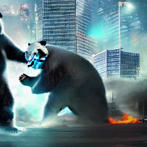 Image similar to giant panda destroying tokyo in the style of the movie godzilla, cinematic lighting framing and shadows