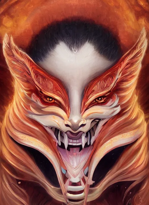 Image similar to a beautiful detailed oil on copper art illustration of a japanese kitsune hannya mask devil woman, centered, by charlie bowater, zeng fanzh, trending on artstation, dim dusk lighting, cinematic lighting, detailed lighting, volumetric lighting, realistic, f 8, 4 k hd wallpaper