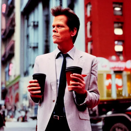 Prompt: kevin bacon stands in new york city, holding cup of coffee, 3 5 mm photography