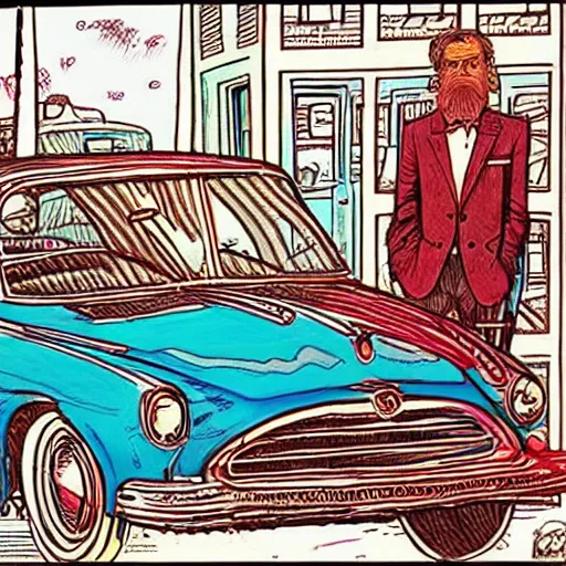 Image similar to The Artwork of R. Crumb and his Cheap Suit Car-salesman, pencil and colored marker artwork, trailer-trash lifestyle