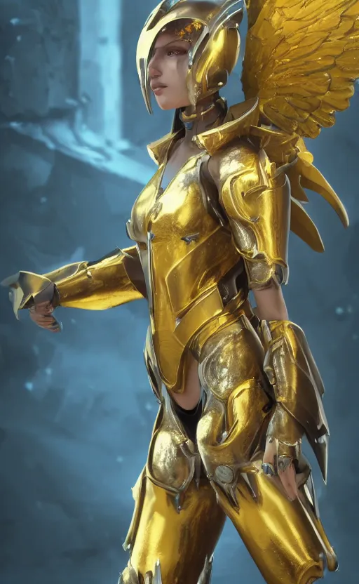 Image similar to Concept art, angel knight girl in golden and silver armor adorned with sapphire gems, artstation trending, octane render, cinematic, highly detailded