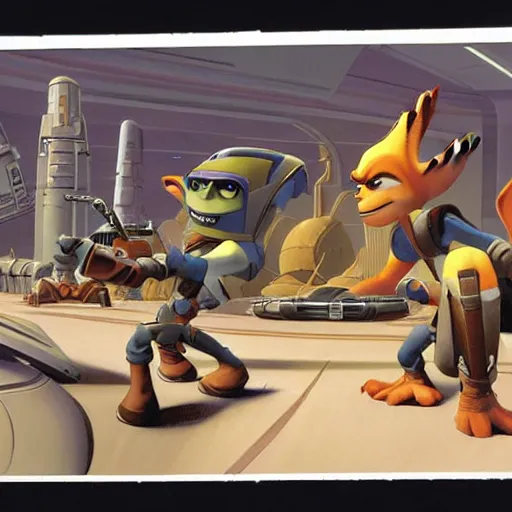 Image similar to ralph mcquarrie concept art for ratchet & clank, matte scene