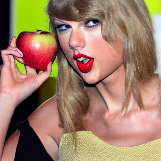 Image similar to taylor swift eating an apple, detailed, clean, realistic