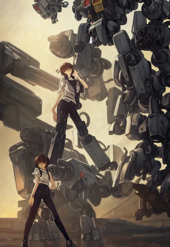 Image similar to beautiful full body portrait of one anime female with short hair, wearing mechanic clothing, in an abandoned warehouse mech repair facility standing in front of a gigantic gundam style mech, drinking soda, D&D, fantasy, intricate, elegant, highly detailed, digital painting, artstation, concept art, smooth, sharp focus, illustration, art by artgerm and WLOP and Krenz Cushart and greg rutkowski and alphonse mucha