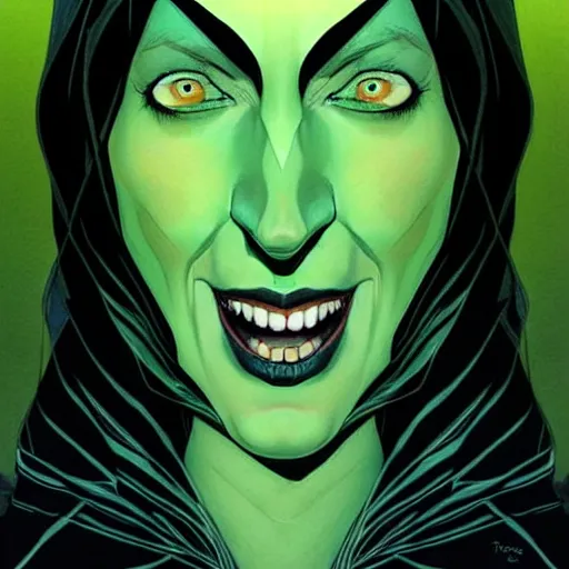 Prompt: Wicked witch of the west, style of Joshua Middleton comic book art Nick Dragotta comic art, black and green eyes, symmetrical face, symmetrical eyes, scary smile, full body, dark green dress