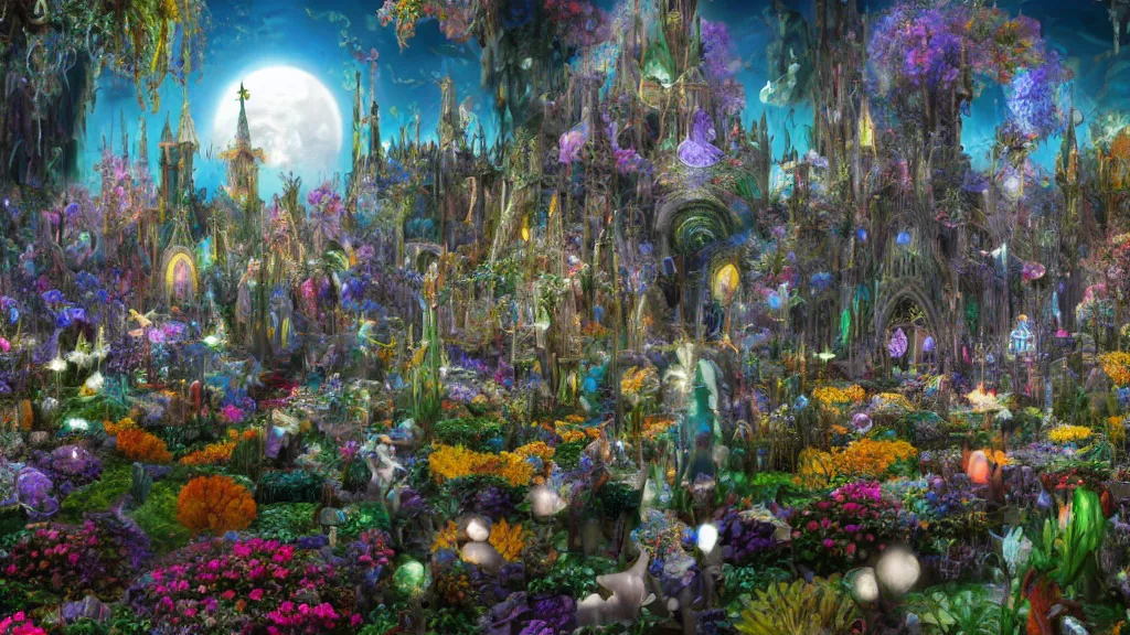 Image similar to a centered render of intricate modular synthesizer of alice in wonderland, shining its light across a tumultuous sea of flowers, undersea animals and gothic crystal church by dorothea tanning and salvador dali, trending on artstation, cyber punk, high contrast, unreal engine, high detailed, 8 k