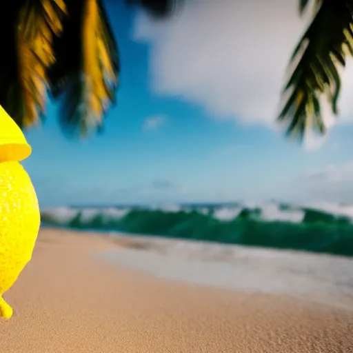 Image similar to 5 0 mm photograph, of a real anthropomorphic lemon character, with lemon skin texture, it is wearing a hat and scuba diving, building a sandcastle on the beach at sunset, beach, huge waves, sun, clouds, tropical trees, rim light, cinematic photography, professional, sand, sandcastle, volumetric lightening