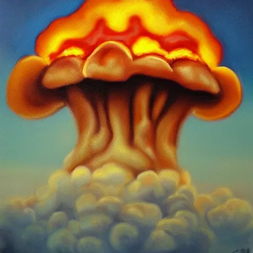 Image similar to mushroom cloud made of pizza. 4 k highly detailed oil painting.