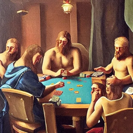 Prompt: Nordic Gods playing poker, detailed