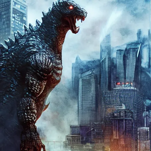 Image similar to Liam Neeson versus Godzilla, post-apocalyptic, hulking, close up, urban background, highly detailed, artstation, movie poster, sharp focus, illustration, art by artgerm and greg rutkowski