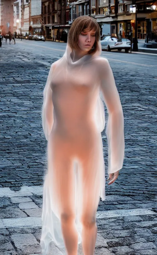 Image similar to a full shot photo of a translucent woman, invisible, streets, ghost, creepy, caucasian, feminine, nighttime, daytime, glow up, realistic, 8 k, hdr, extremely detailed