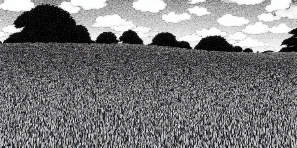 Image similar to a peaceful meadow, black and white manga panel, hitoshi ashinano, naoki urasawa fantasy