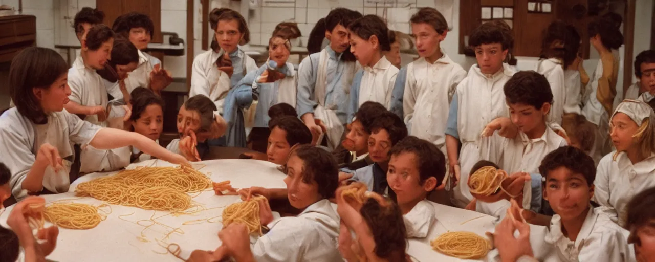 Image similar to aristotle teaching students about spaghetti!, ancient greece, golden hour, kodachrome, in the style of wes anderson, retro