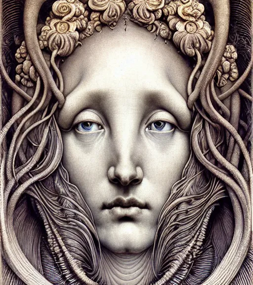 Image similar to detailed realistic beautiful conch goddess face portrait by jean delville, gustave dore, iris van herpen and marco mazzoni, art forms of nature by ernst haeckel, art nouveau, symbolist, visionary, gothic, neo - gothic, pre - raphaelite, fractal lace, intricate alien botanicals, ai biodiversity, surreality, hyperdetailed ultrasharp octane render