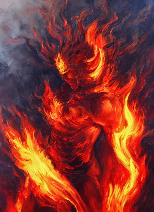 Prompt: the god of fire and brimstone. painting by caelan stokkermans and bogdan rezunenko
