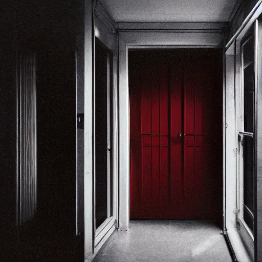 Image similar to a featureless white room with a red door on the far end, liminal space,