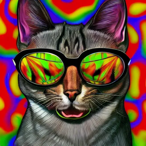 Prompt: portrait of a cat in the movie fear and loathing in las vegas, extremely detailed, psychedelic, trippy, digital painting, centered, vertical symmetry, trending, artstation, artwork by albrecht durer