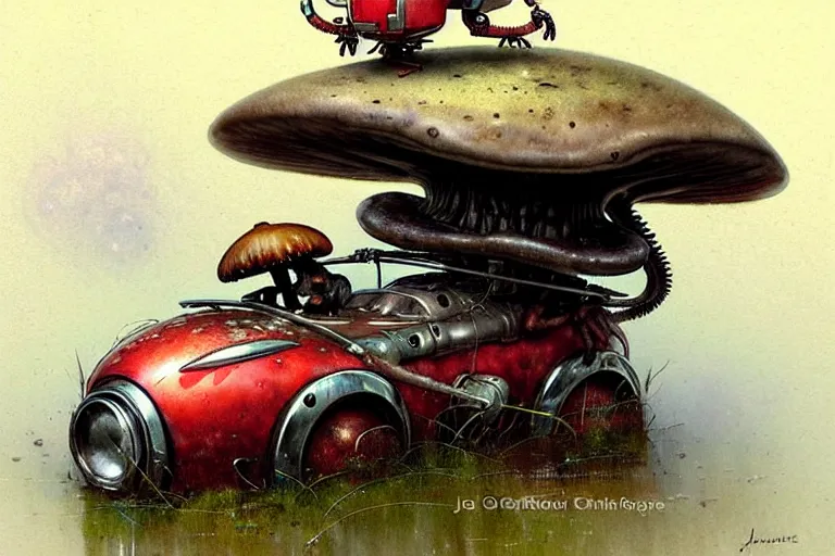 Image similar to adventurer ( ( ( ( ( 1 9 5 0 s retro future robot mouse amphibious vehical home. muted colors. swamp mushrooms ) ) ) ) ) by jean baptiste monge!!!!!!!!!!!!!!!!!!!!!!!!! chrome red