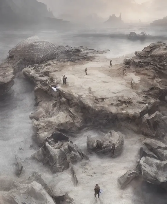 Image similar to surreal epic, masterpiece, romantic prometheus horizontal white exploration base, ochre ancient palette, building architecture by ruan jia, futuristic, blame, white architecture in the beach in iceland, foggy, highly detailed, digital painting, arstation, concept art, hyperealistic octane render, unreal engine