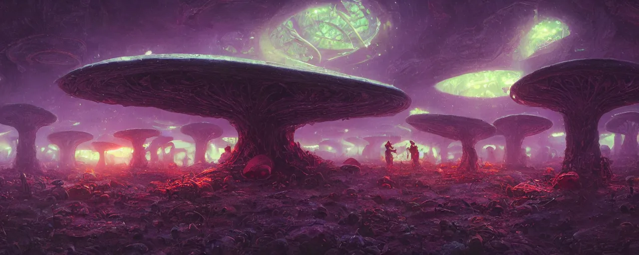 Prompt: ” partly eaten alien mushrooms, [ by paul lehr, cinematic, detailed, epic, widescreen, opening, establishing, mattepainting, photorealistic, realistic textures, octane render ] ”