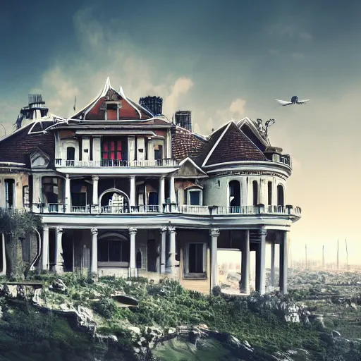 Image similar to a mansion floating in the sky above an urban wasteland, digital art, 8 k hd