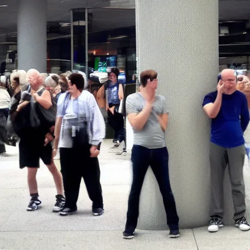 Prompt: paranoid man in public being watched by everyone.