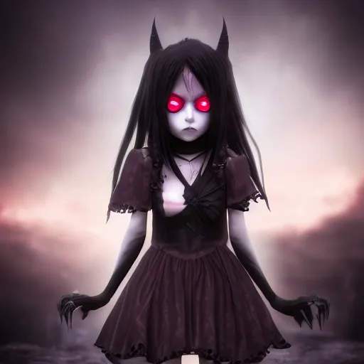 Prompt: photorealistic full shot portrait of cute angry darkness vampire anime girl, gothic clothing, worrying eyes, inspired by Tim Burton, detailed, unreal engine 4k volumetric light, fog,