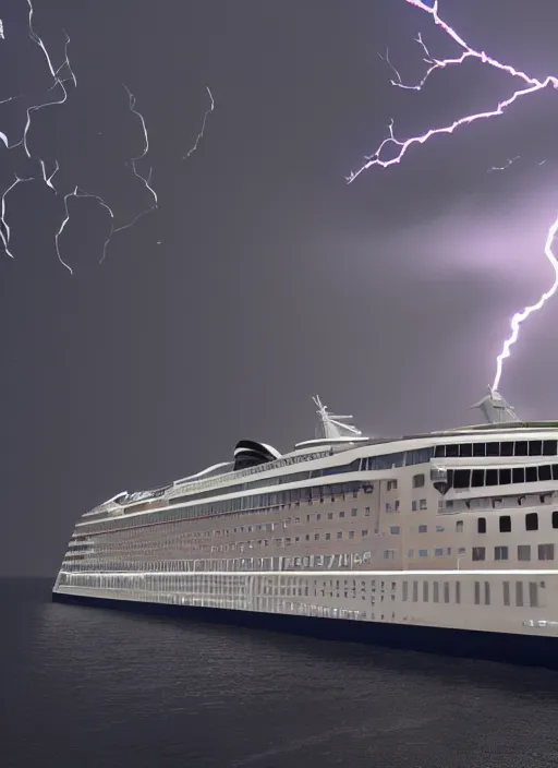 Prompt: silver cruise ship struck by lightning unreal 5, DAZ, hyperrealistic, octane render, dynamic lighting