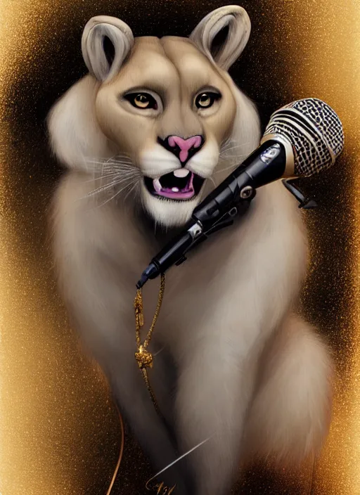 Image similar to award winning beautiful portrait commission of a male furry anthro albino mountain lion with a beautiful hyperdetailed attractive outfit and face wearing a gold and black rockstar outfit singing into a microphone on a stage. Character design by charlie bowater, ross tran, and makoto shinkai, detailed, inked, western comic book art