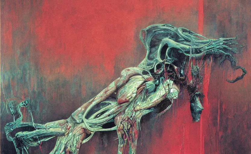 Prompt: slit - scan, blurred, grotesque, doomed, neural acrylic paint, high resolution, gouache on canvas, ultra detailed, vibrant colors, grotesque, wrapped thermal background, slimey, art by francis bacon, beksinski painting