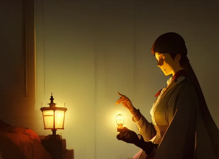 Image similar to 1 8 5 4 crimea, florence nightingale holding lamp, army hospital in scutari at night, wounded patients in beds on both sides of hospital ward, finely detailed perfect art, painted by greg rutkowski makoto shinkai takashi takeuchi studio ghibli