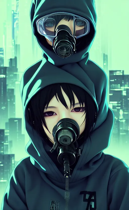 Image similar to cyberpunk anime girl in hoodie, cyberpunk gas mask, potrait, street night, grafity, beautiful face, grafity, arcane, action, tokyo street, detail, good face, pose model, concept art, in style of yoji shinkawa, pan ren wei, col price, atey ghailan, by greg rutkowski, aesthetic