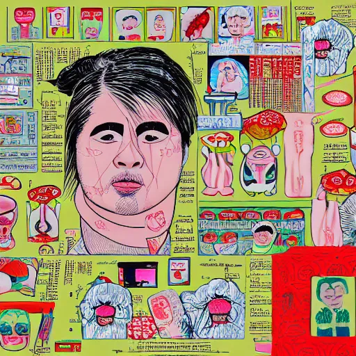 Image similar to chinese surgery operating table, in the style of daniel johnston and outsider art, 8k, line brush, overlaid with chinese adverts