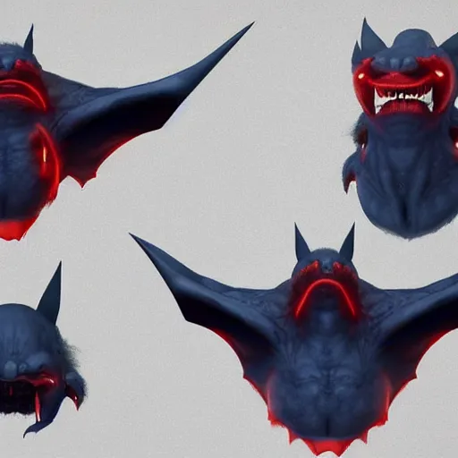 Image similar to front and back character view of scary giant mutant dark blue humanoid bat, glowing red eyes flying above a stormy ocean, sharp teeth, acid leaking from mouth, realistic, giant, bat ears, bat nose, bat claws, bat wings, furred, covered in soft fur, detailed, trending on artstation clean concept art and sheet that using unreal engine 5 render and hyper detailed 3D texture with cinematic software light 85mm f/1.4