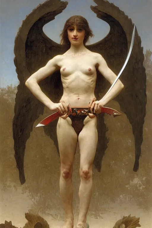 Image similar to portrait of a fully armed skeleton archer with big sword, wearing helmets and armor with wings, symmetrical, solemn, sacred, aura, by bouguereau