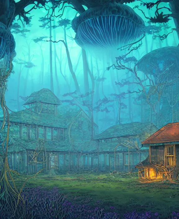 Prompt: an enormous schoolhouse made from jellyfish, overgrown with huge bioluminescent exotic fungus, deep in the woods, noon, sun drenched, partly cloudy, by dan mumford, yusuke murata, makoto shinkai, ross tran, cinematic, unreal engine, cel shaded, featured on artstation, pixiv