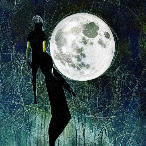 Prompt: looking at the full moon, transparent soul leaving the body, intricate details, brushstrokes, art by loish, dave mckean