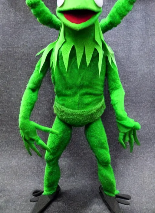 Prompt: Kermit the frog dressed as hulk”, detailed